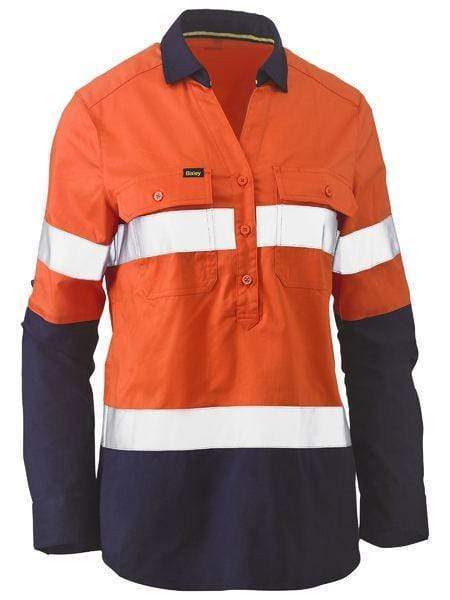 Bisley Workwear Work Wear Orange/Navy / 6 Bisley WOMENS TAPED HI VIS STRETCH V-NECK SHIRT BLC6064T